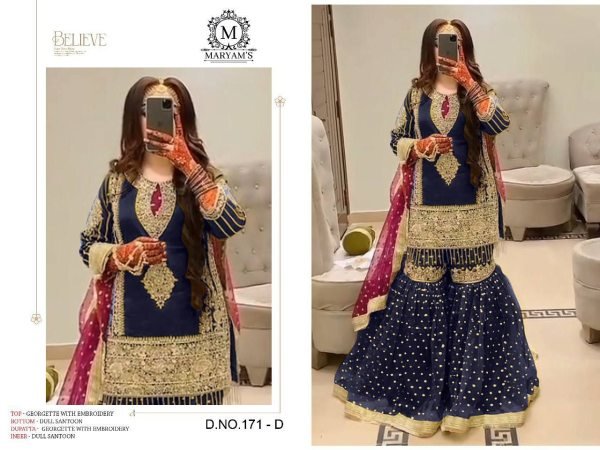  Evening Royal Navy Blue Georgette Suit in Pakistani Sharara Look Pakistani Suits Wholesale