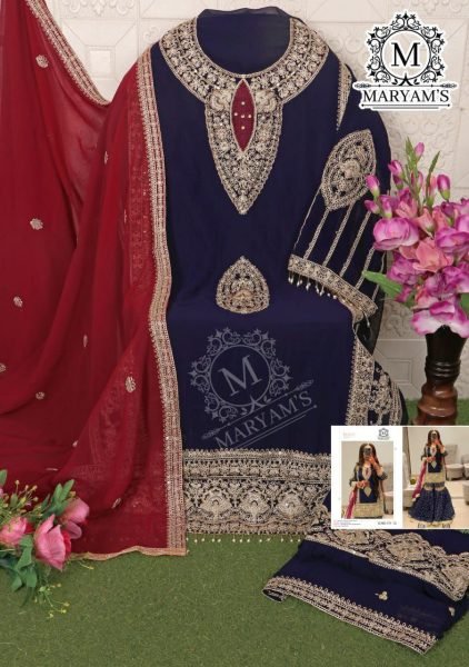  Evening Royal Navy Blue Georgette Suit in Pakistani Sharara Look Pakistani Suits Wholesale