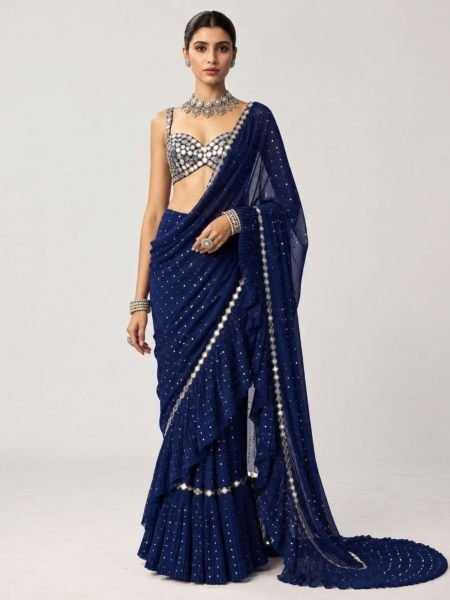 Events Wear Navy Blue Sequin Crush Pleated Faux Georgette Saree for Women 