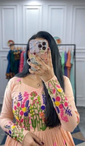 Everyday Chic Peach Kora Cotton Kurti with Delicate Embroidery & Full Lining Anarkali Kurtis 