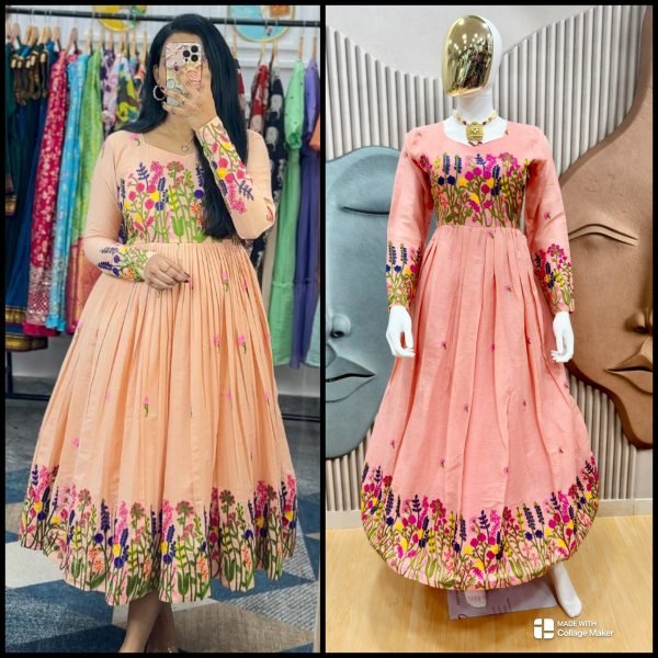 Everyday Chic Peach Kora Cotton Kurti with Delicate Embroidery & Full Lining Anarkali Kurtis 