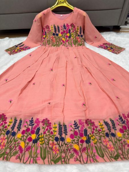 Everyday Chic Peach Kora Cotton Kurti with Delicate Embroidery & Full Lining Anarkali Kurtis 