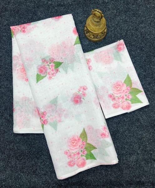 Everyday Elegance Digital Printed Linen Saree with Designer Blouse Piece Printed Cotton Sarees Wholesale