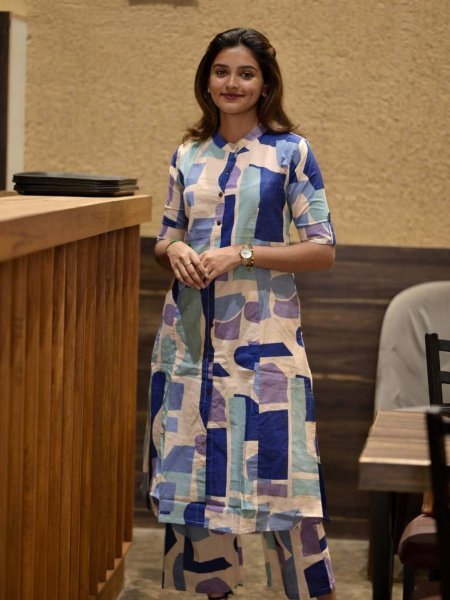 Everyday Office Style ReadyMade Blue Suit Set in Heavy Poly Rayon with Trendy Prints Kurtis