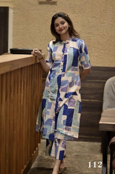 Everyday Office Style ReadyMade Blue Suit Set in Heavy Poly Rayon with Trendy Prints Kurti With Bottom Wholesale