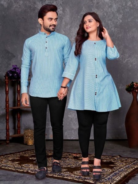Everyday to Occasion Sky Blue Cotton Couple Set for Work, Travel & Beyond Mens Wear
