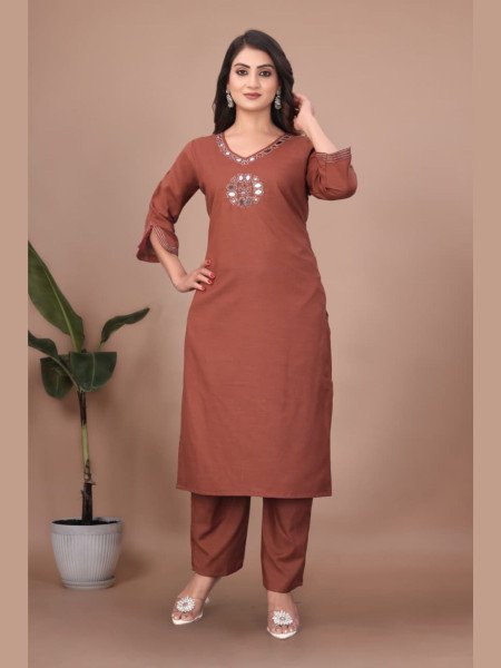 Everyday Wear Brown  Slub Cotton Mirror Handwork Kurti Pant Sets at Wholesale Rate Kurti With Bottom Wholesale