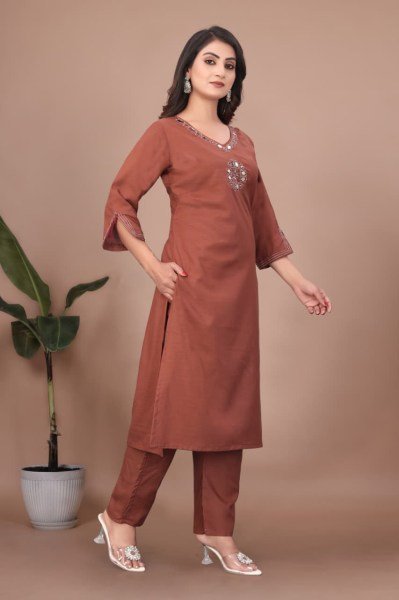 Everyday Wear Brown  Slub Cotton Mirror Handwork Kurti Pant Sets at Wholesale Rate  Straight Cut Long Kurtis