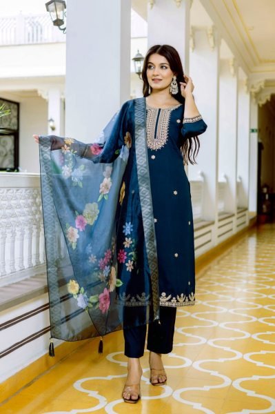 Everyday Wear Comfy Viscose Chanderi Embroidered Kurti Set with Printed Jacquard Organza Dupatta  Straight Cut Long Kurtis