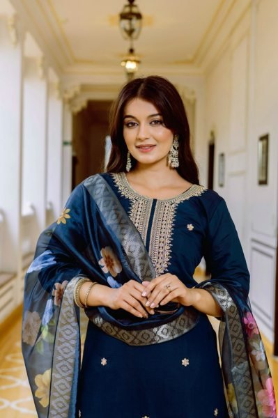 Everyday Wear Comfy Viscose Chanderi Embroidered Kurti Set with Printed Jacquard Organza Dupatta  Straight Cut Long Kurtis