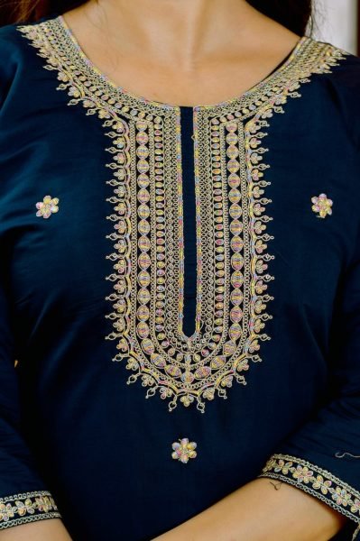 Everyday Wear Comfy Viscose Chanderi Embroidered Kurti Set with Printed Jacquard Organza Dupatta  Straight Cut Long Kurtis