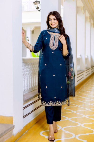 Everyday Wear Comfy Viscose Chanderi Embroidered Kurti Set with Printed Jacquard Organza Dupatta  Straight Cut Long Kurtis