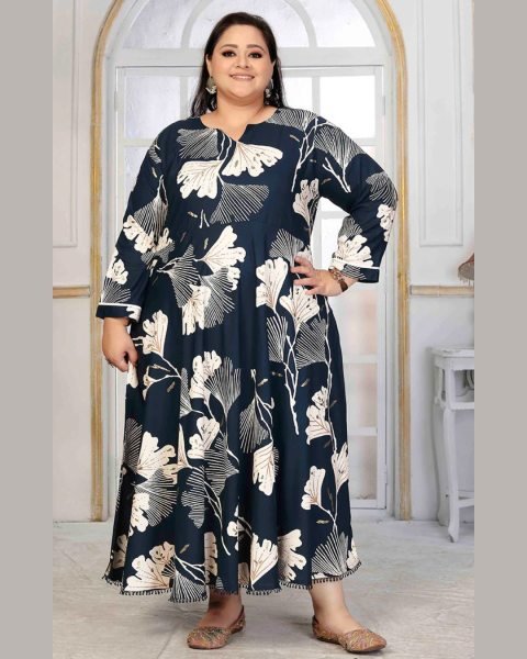 Everyday Wear Plus Size Blue Rayon Kurti with Long Straight Design Plus Size Kurti / Gown