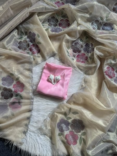 Exceptional Beige Tissue Silk Floral Brush Print Saree with Jalpari Silk Blouse At Wholesale Silk Sarees Wholesale