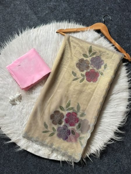 Exceptional Beige Tissue Silk Floral Brush Print Saree with Jalpari Silk Blouse At Wholesale Silk Sarees Wholesale