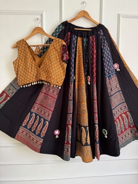 Exceptional Black Ajrakh Cotton Lehenga Choli with Real Shell and Yellow Mirror Work Dupatta Navratri Lehnega Choli