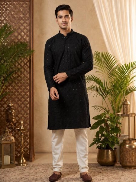 Exceptional Black Men's Rayon Chikan Schiffli Embroidered Kurta with Cotton Pajama 