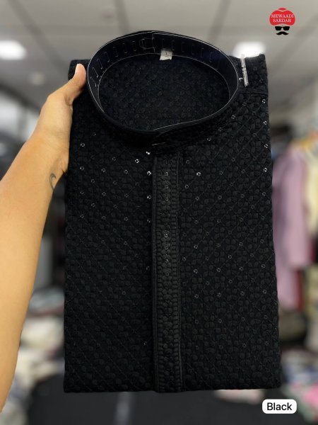 Exceptional Black Men's Rayon Chikan Schiffli Embroidered Kurta with Cotton Pajama Kurta Pajama Wholesale