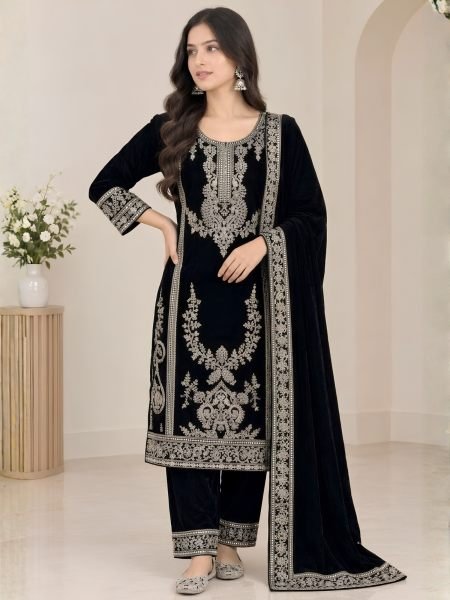 Exceptional Black Premium Viscose Velvet Suit with Full Embroidered Sleeves at Wholesale Rate 