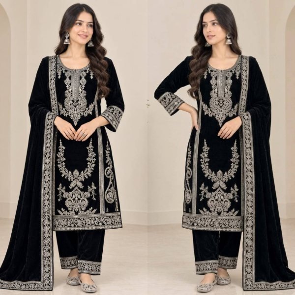 Exceptional Black Premium Viscose Velvet Suit with Full Embroidered Sleeves at Wholesale Rate Ready To Wear Collection