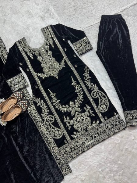 Exceptional Black Premium Viscose Velvet Suit with Full Embroidered Sleeves at Wholesale Rate Ready To Wear Collection