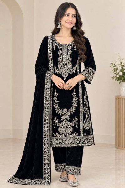 Exceptional Black Premium Viscose Velvet Suit with Full Embroidered Sleeves at Wholesale Rate Ready To Wear Collection