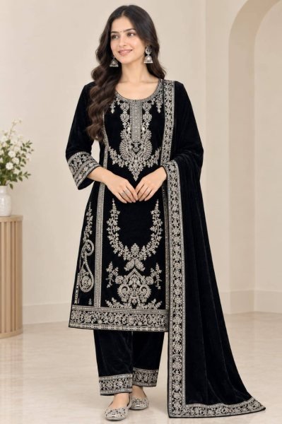 Exceptional Black Premium Viscose Velvet Suit with Full Embroidered Sleeves at Wholesale Rate Ready To Wear Collection