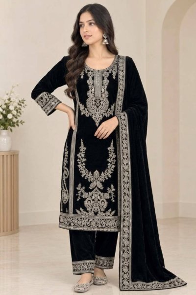 Exceptional Black Premium Viscose Velvet Suit with Full Embroidered Sleeves at Wholesale Rate Ready To Wear Collection