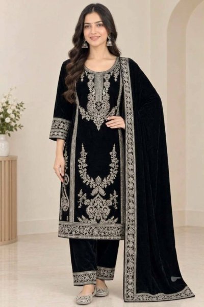 Exceptional Black Premium Viscose Velvet Suit with Full Embroidered Sleeves at Wholesale Rate Ready To Wear Collection