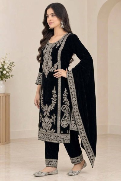 Exceptional Black Premium Viscose Velvet Suit with Full Embroidered Sleeves at Wholesale Rate Ready To Wear Collection