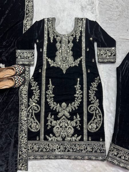 Exceptional Black Premium Viscose Velvet Suit with Full Embroidered Sleeves at Wholesale Rate Ready To Wear Collection