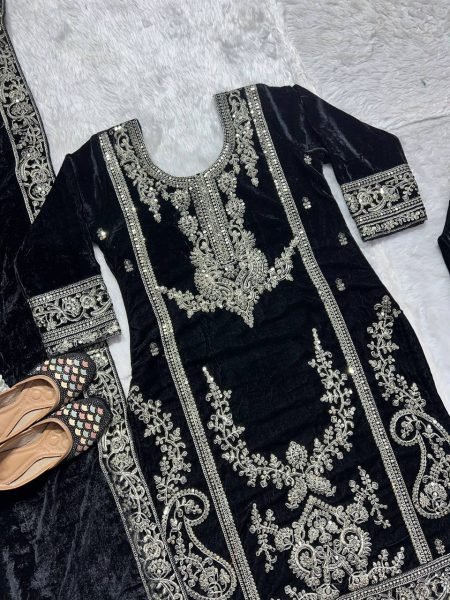 Exceptional Black Premium Viscose Velvet Suit with Full Embroidered Sleeves at Wholesale Rate Ready To Wear Collection