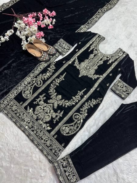 Exceptional Black Premium Viscose Velvet Suit with Full Embroidered Sleeves at Wholesale Rate Ready To Wear Collection