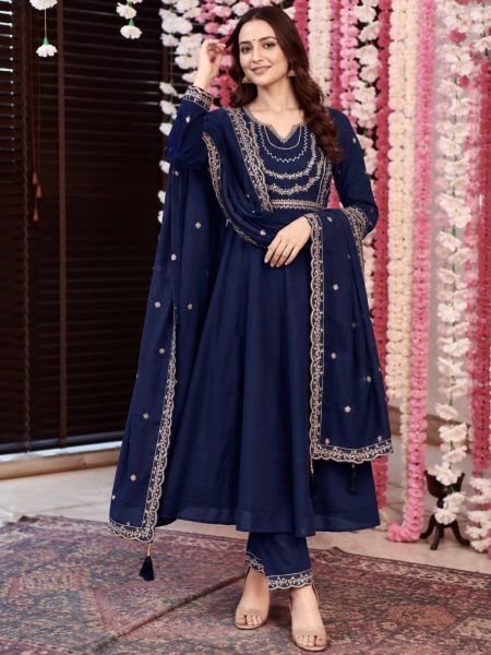 Exceptional Blue Premium Roman Silk Anarkali Suit Set with Embroidered Dupatta 