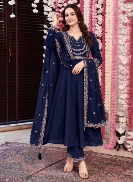 Exceptional Blue Premium Roman Silk Anarkali Suit Set with Embroidered Dupatta Anarkali Kurtis 