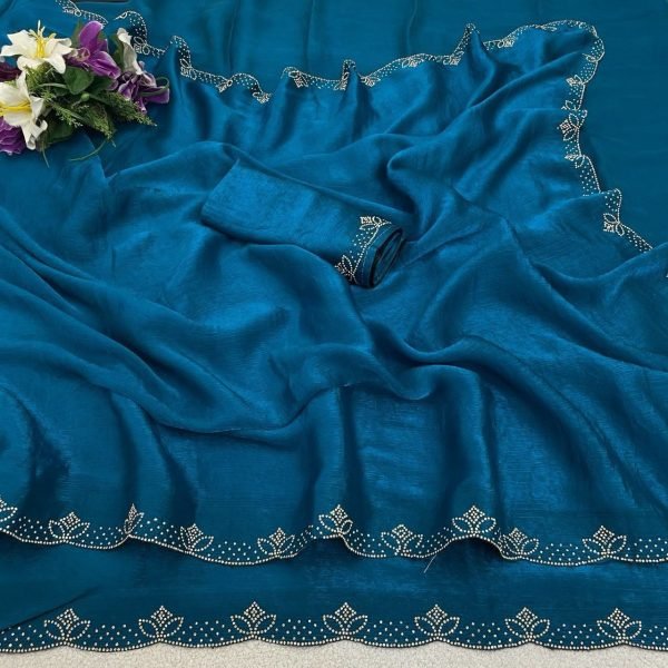 Exceptional Blue Soft Silk Saree with Diamond Work and Designer Blouse for Party Silk Sarees Wholesale
