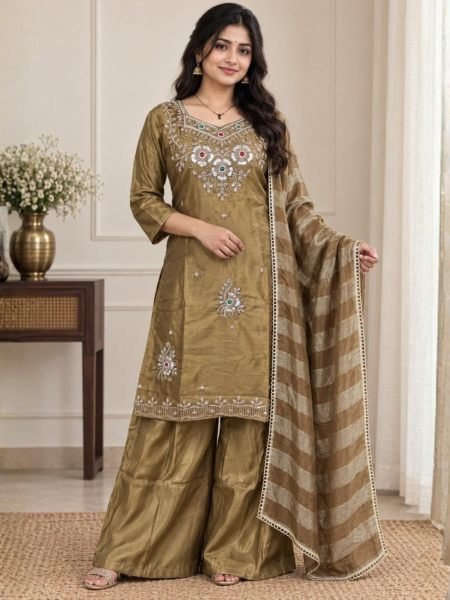 Exceptional Brown Designer Glass Silk Top Palazzo Set with Cut Dana Zari Dupatta Kurtis