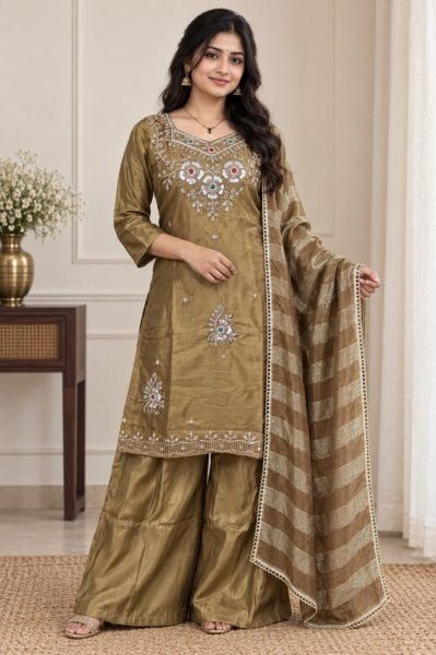 Exceptional Brown Designer Glass Silk Top Palazzo Set with Cut Dana Zari Dupatta 3 Piece Kurti Set