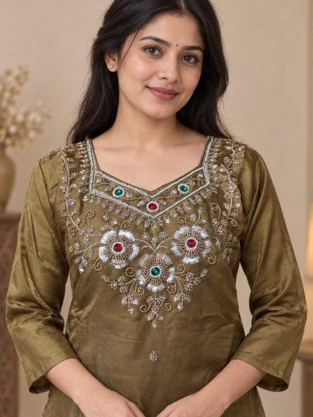 Exceptional Brown Designer Glass Silk Top Palazzo Set with Cut Dana Zari Dupatta 3 Piece Kurti Set