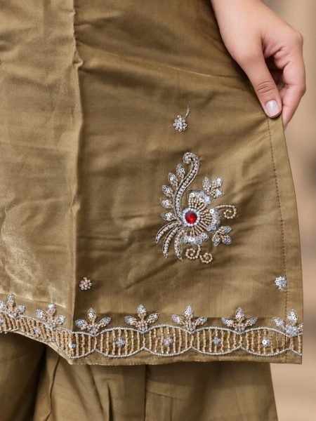 Exceptional Brown Designer Glass Silk Top Palazzo Set with Cut Dana Zari Dupatta 3 Piece Kurti Set