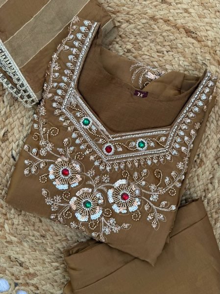 Exceptional Brown Designer Glass Silk Top Palazzo Set with Cut Dana Zari Dupatta 3 Piece Kurti Set