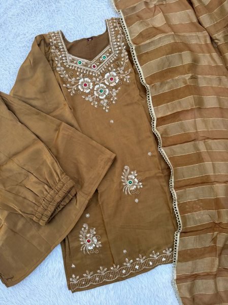 Exceptional Brown Designer Glass Silk Top Palazzo Set with Cut Dana Zari Dupatta 3 Piece Kurti Set