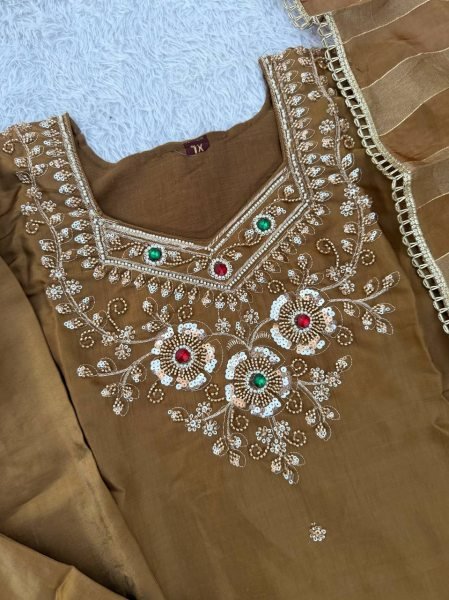 Exceptional Brown Designer Glass Silk Top Palazzo Set with Cut Dana Zari Dupatta 3 Piece Kurti Set