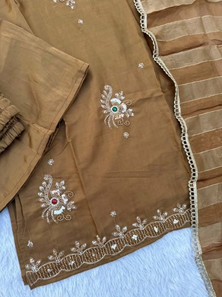 Exceptional Brown Designer Glass Silk Top Palazzo Set with Cut Dana Zari Dupatta 3 Piece Kurti Set