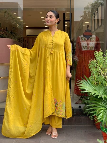 Exceptional Chanderi Silk Embroidered three piece kurti set for resellers Embroidery Kurtis 