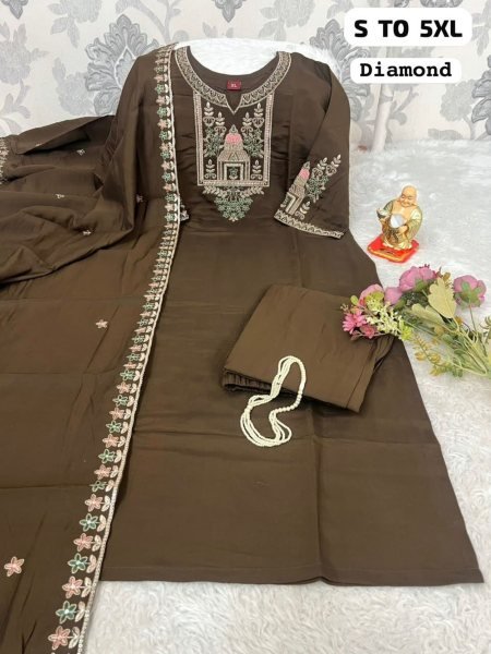 Exceptional Chocolate Brown Designer Heavy Two Tone Kurti Set with Multicolor Embroidery 
