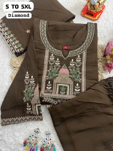Exceptional Chocolate Brown Designer Heavy Two Tone Kurti Set with Multicolor Embroidery Embroidery Kurtis 
