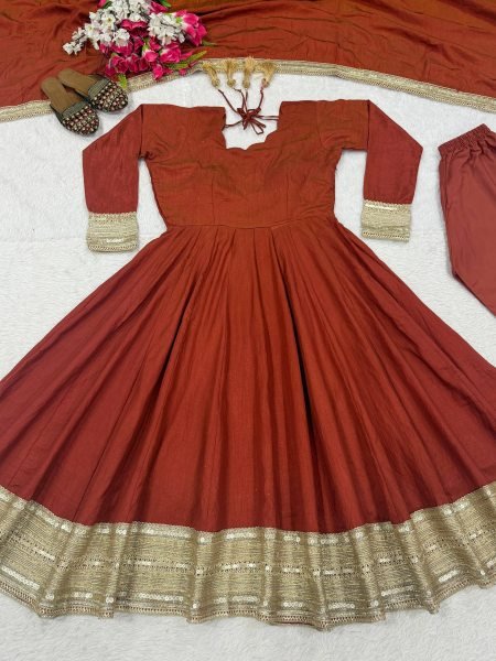 Exceptional Copper Vichitra Anarkali Set With Sequence Work For Wholesale Stock Available Ready To Wear Collection