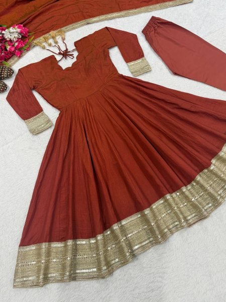 Exceptional Copper Vichitra Anarkali Set With Sequence Work For Wholesale Stock Available Ready To Wear Collection
