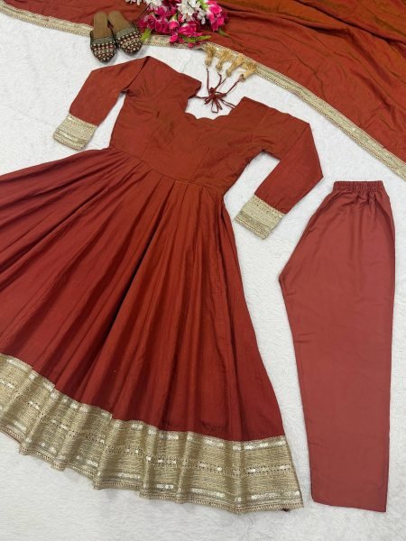 Exceptional Copper Vichitra Anarkali Set With Sequence Work For Wholesale Stock Available Ready To Wear Collection